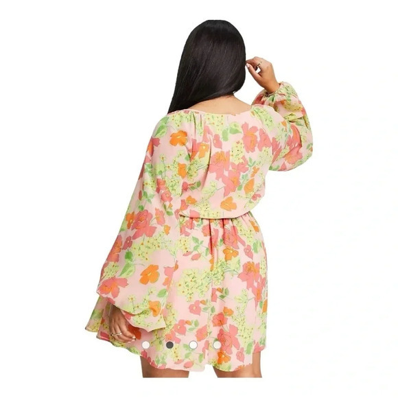 ASOS Curve Floral Soft Shirred Waist Mini Dress Peach‎ Floral Women Plus Size 26 - Picture 2 of 11